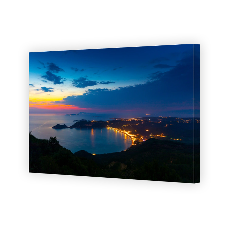 View from the hill to Agios Georgios bay with the long beach at Corfu island Greece
