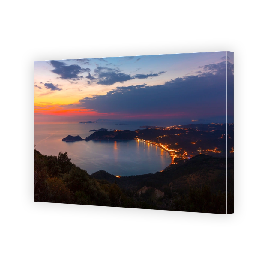 View from the hill to Agios Georgios bay with the long beach at Corfu island Greece