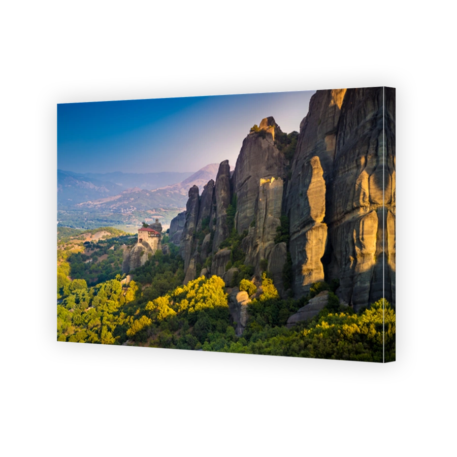 Mountain scenery with Meteora rocks and Roussanou Monastery