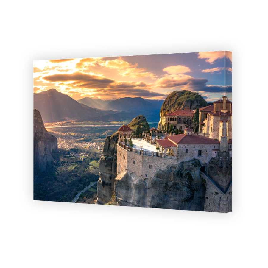 View of Meteora Monastery, Greece. Geological formations of big rocks with Monasteries  on top of them.