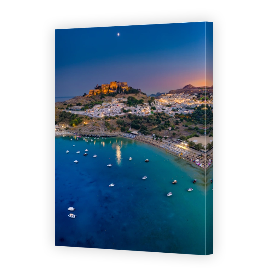 Panoramic view of St. Paul bay with acropolis of Lindos in background, Rhodes island, Greece