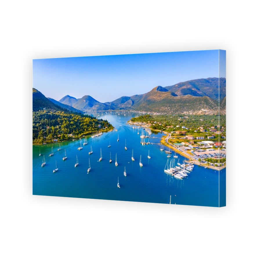 Aerial drone bird's eye view photo of iconic port of Nidri or Nydri, Leflkada island, Ionian, Greece