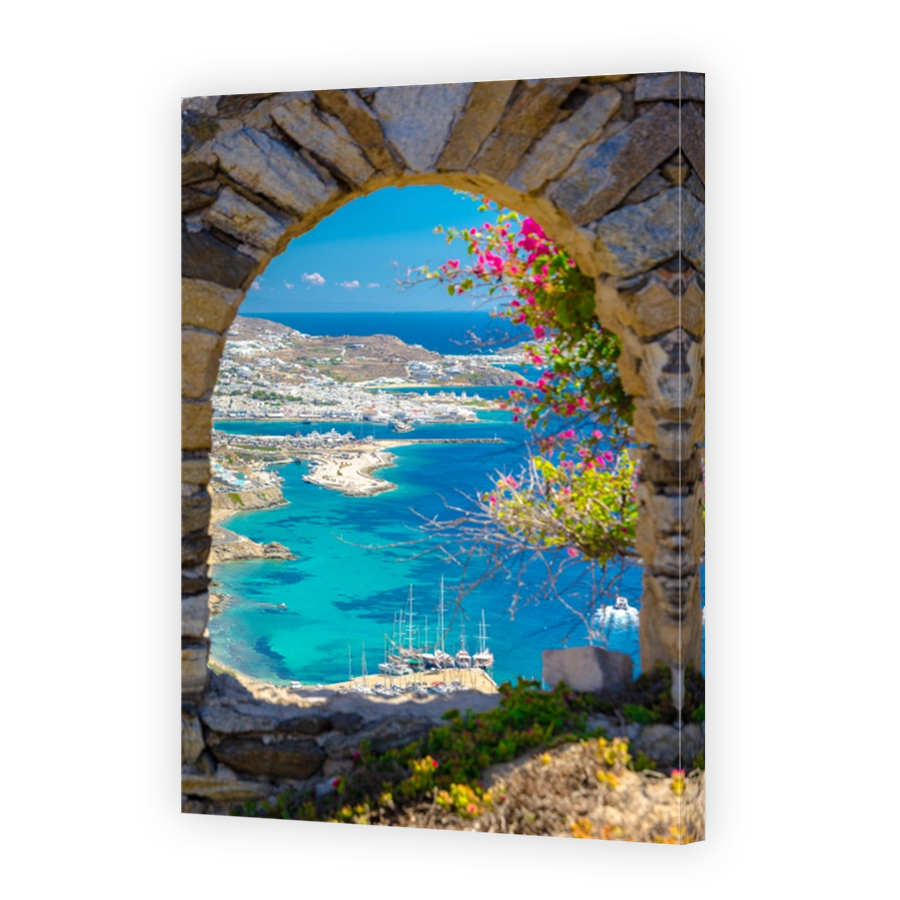 Mykonos port with boats and windmills, Cyclades islands, Greece