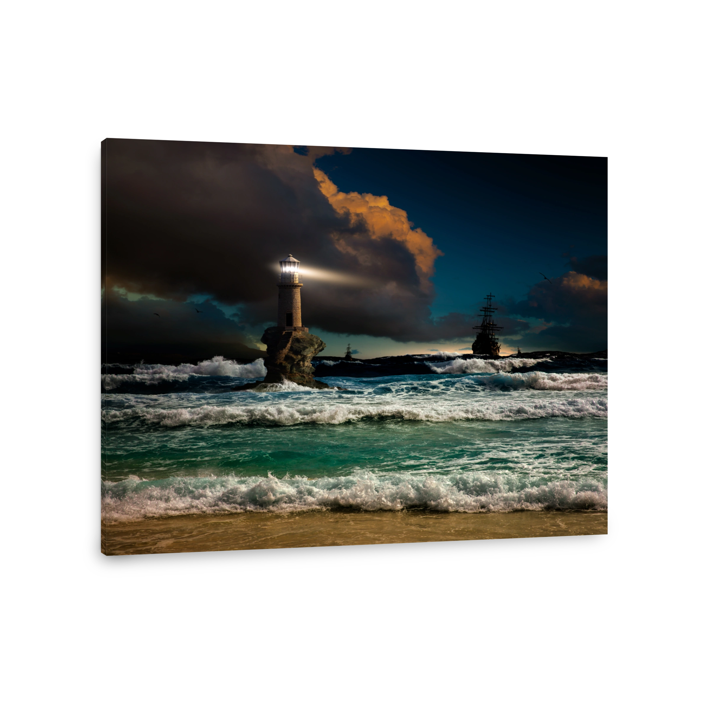 Storm at sea overlooking the lighthouse and ships. Lighthouse Tourlitis of Chora, Andros island, Cyclades, Greece