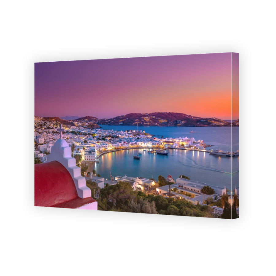 Mykonos port with boats and windmills, Cyclades islands, Greece