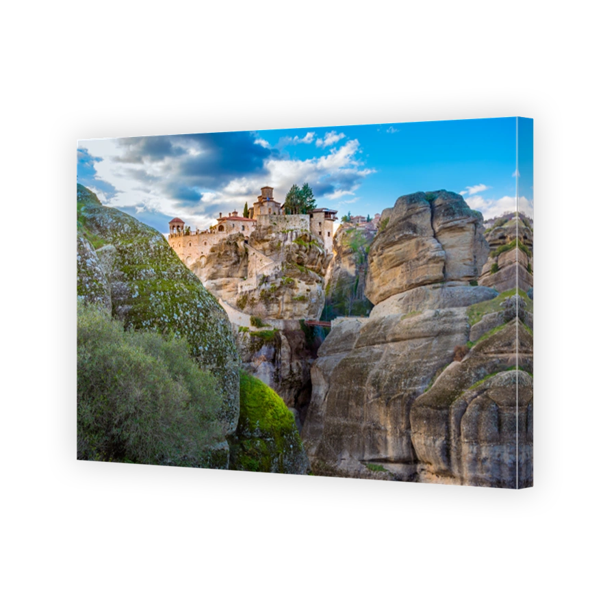 View of Meteora Monastery, Greece. Geological formations of big rocks with Monasteries  on top of them.