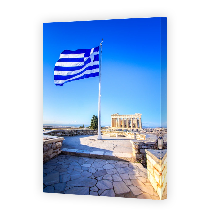 Parthenon temple on the Acropolis in Athens with Greek flag, Greece