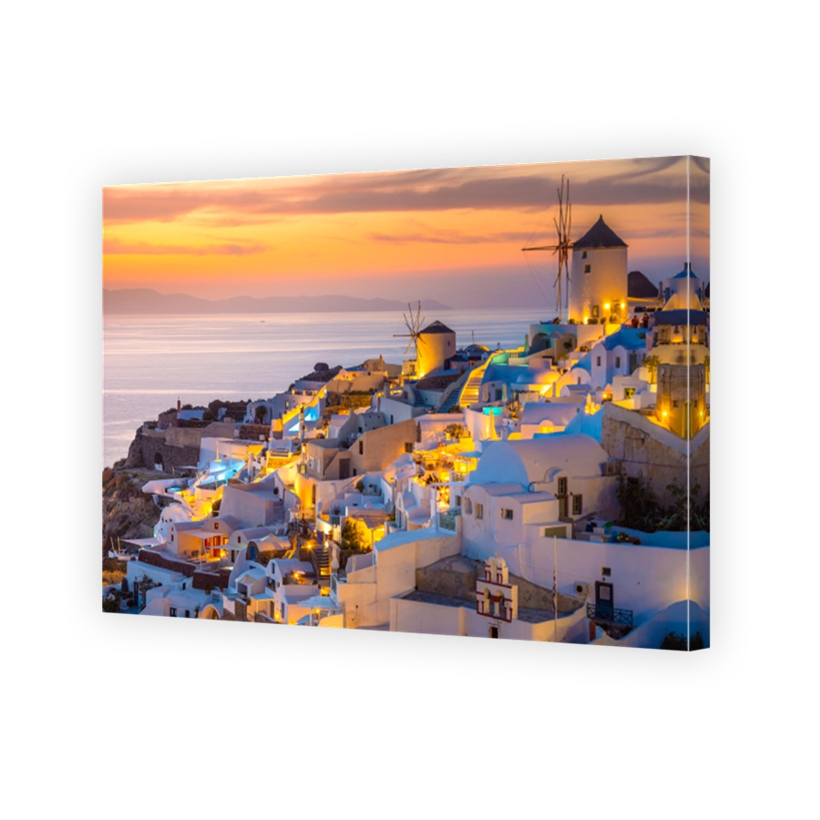 Santorini island, Greece. Traditional and famous houses and churches with blue domes over the Caldera, Aegean sea
