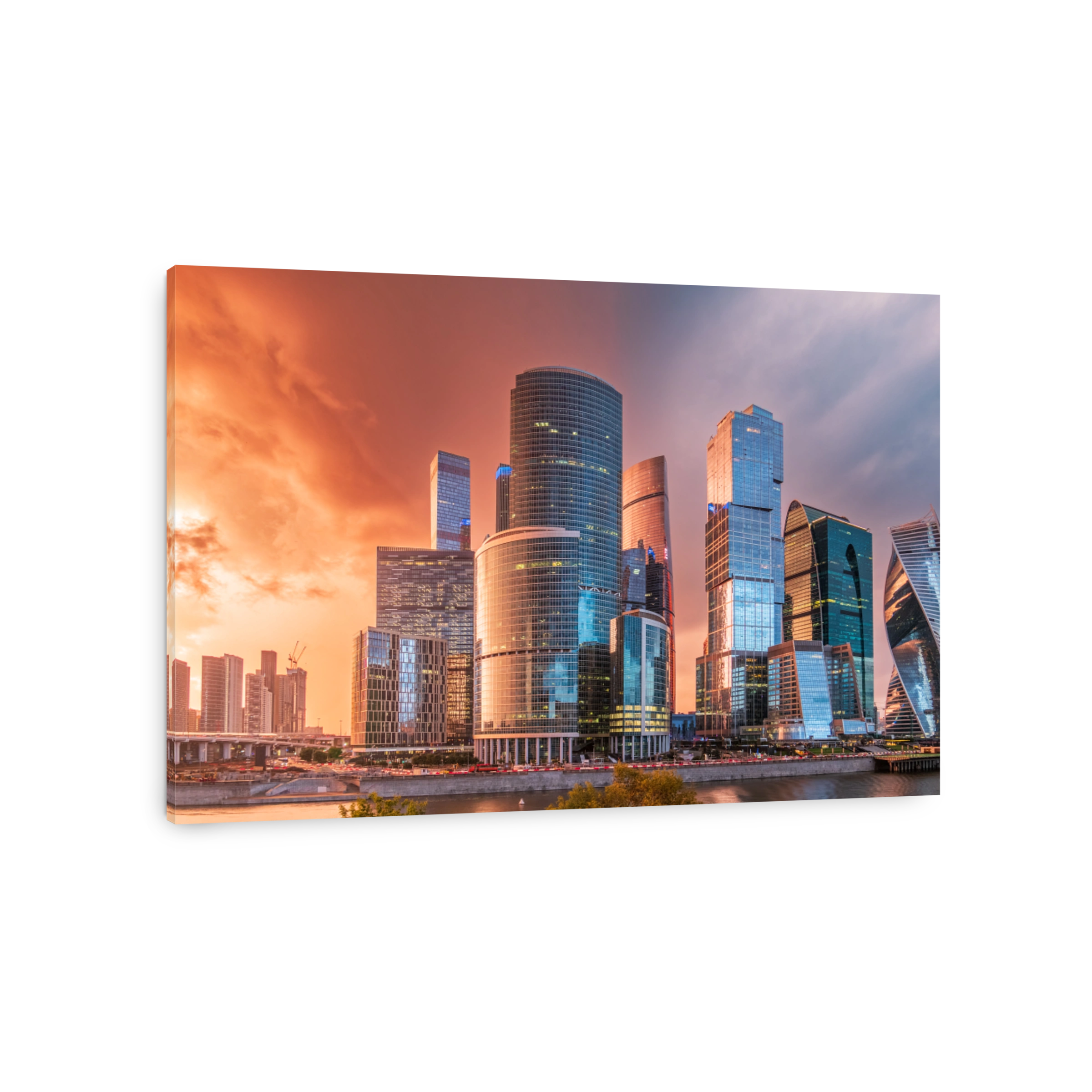 High buildings of Moscow-City at Moskva River at summer sunset, Russia.