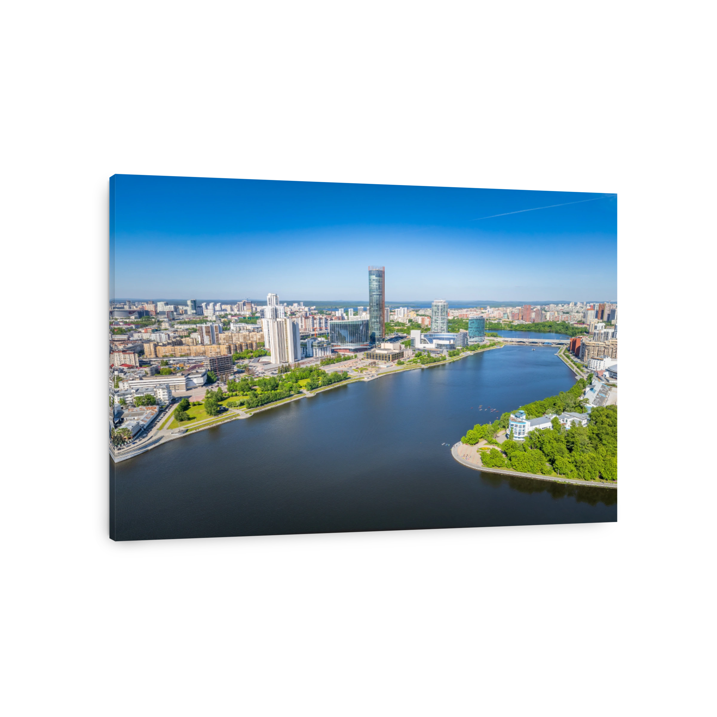 Yekaterinburg city with Buildings of Regional Government and Parliament, Dramatic Theatre, Iset Tower, Yeltsin Center, panoramic view at summer sunset.