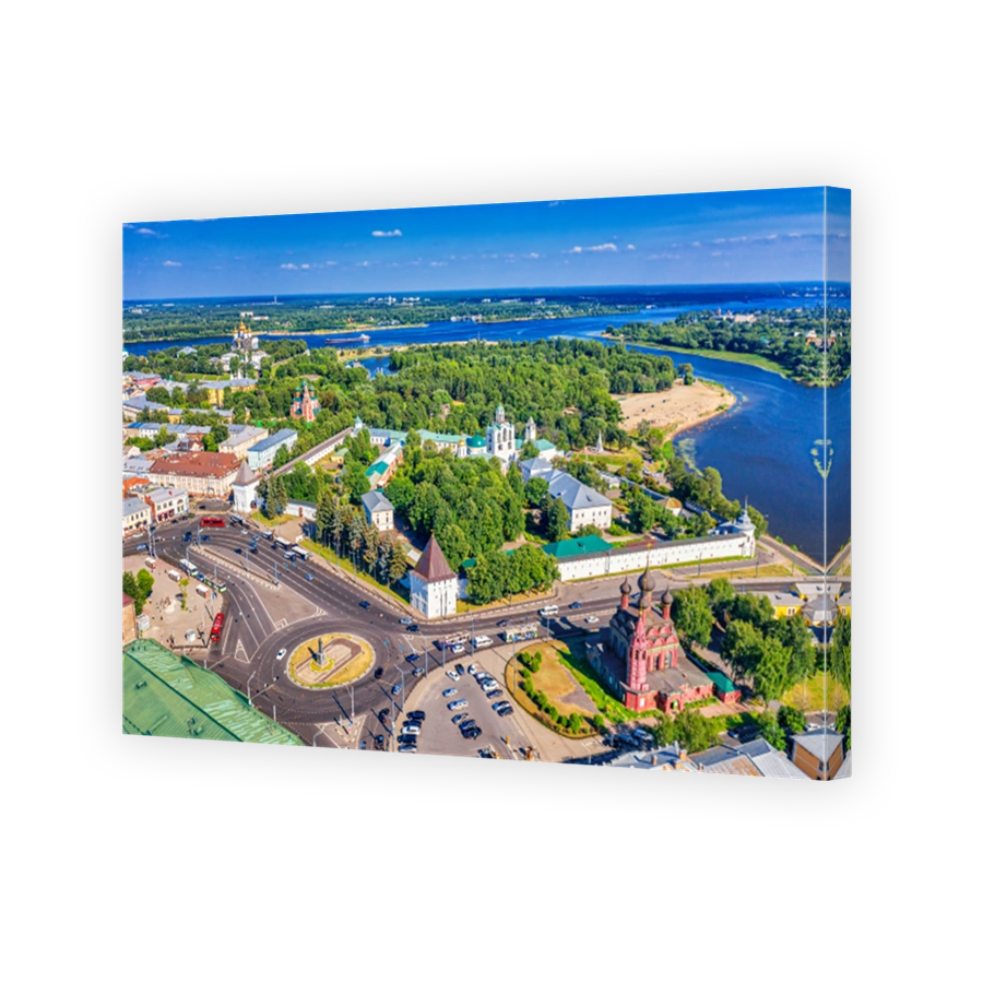 Aerial drone view of Orthodox Assumption Cathedral, Strelka park, Spaso-Preobrazhensky male Monastery and Volga river in summer of Yaroslavl, Russia.