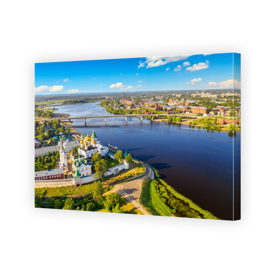 Aerial drone view of the Orthodox Holy Trinity Ipatievsky monastery during summer with Volga river in Kostroma, Russia.