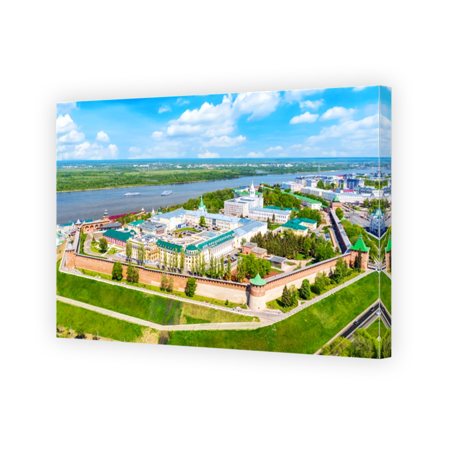Aerial drone view of Kremlin with Volga river in Nizhny Novgorod, Russia. Summer sunny day