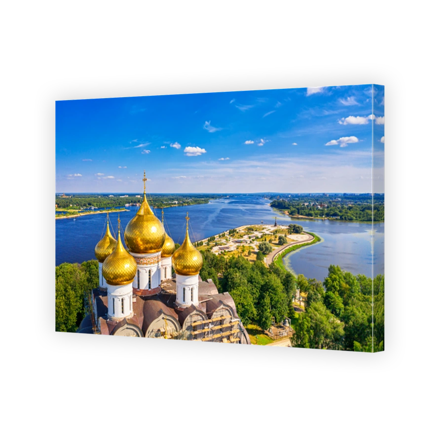 Aerial drone view of Strelka park and Assumption Cathedral in summer. Yaroslavl city, touristic Golden Ring in Russia.
