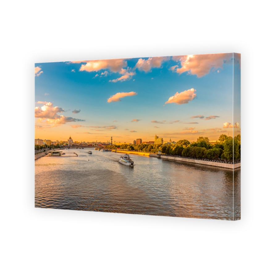 Cruise ship sails on the Moscow river in Moscow city center, popular place for walking.