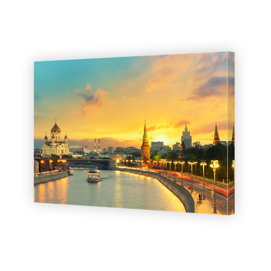 Beautiful sunset over the Moscow River, Cathedral of Christ the Saviour and embankment of the Kremlin. Summer sunset in Moscow, Russia.