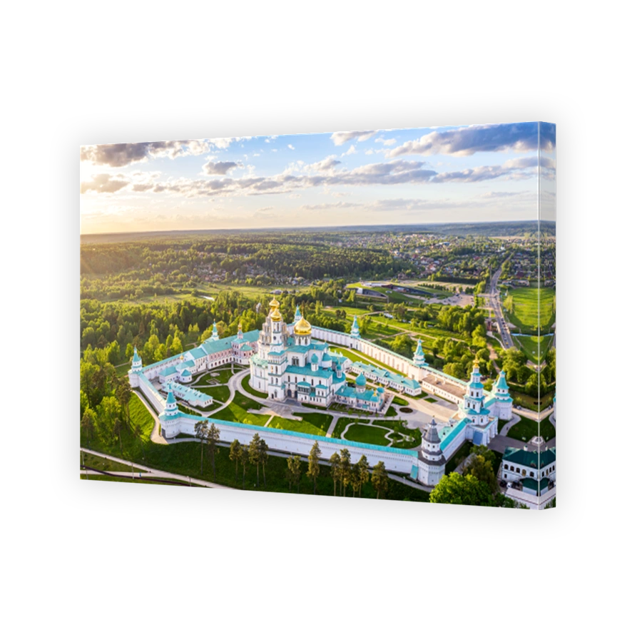 Aerial drone sunset view of the Resurrection Cathedral of the New Jerusalem Monastery in summer. Moscow region, Istra, Russia.