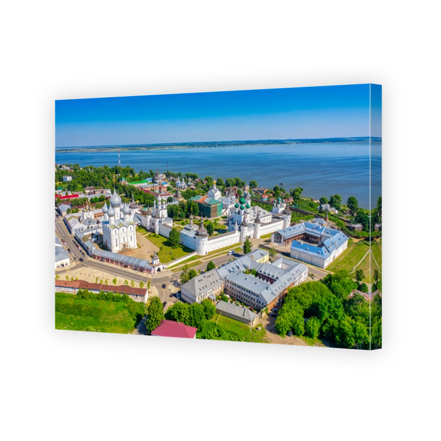 Aerial drone view of Rostov Kremlin in Rostov the Great city in summer, Russia. Golden ring of Russia