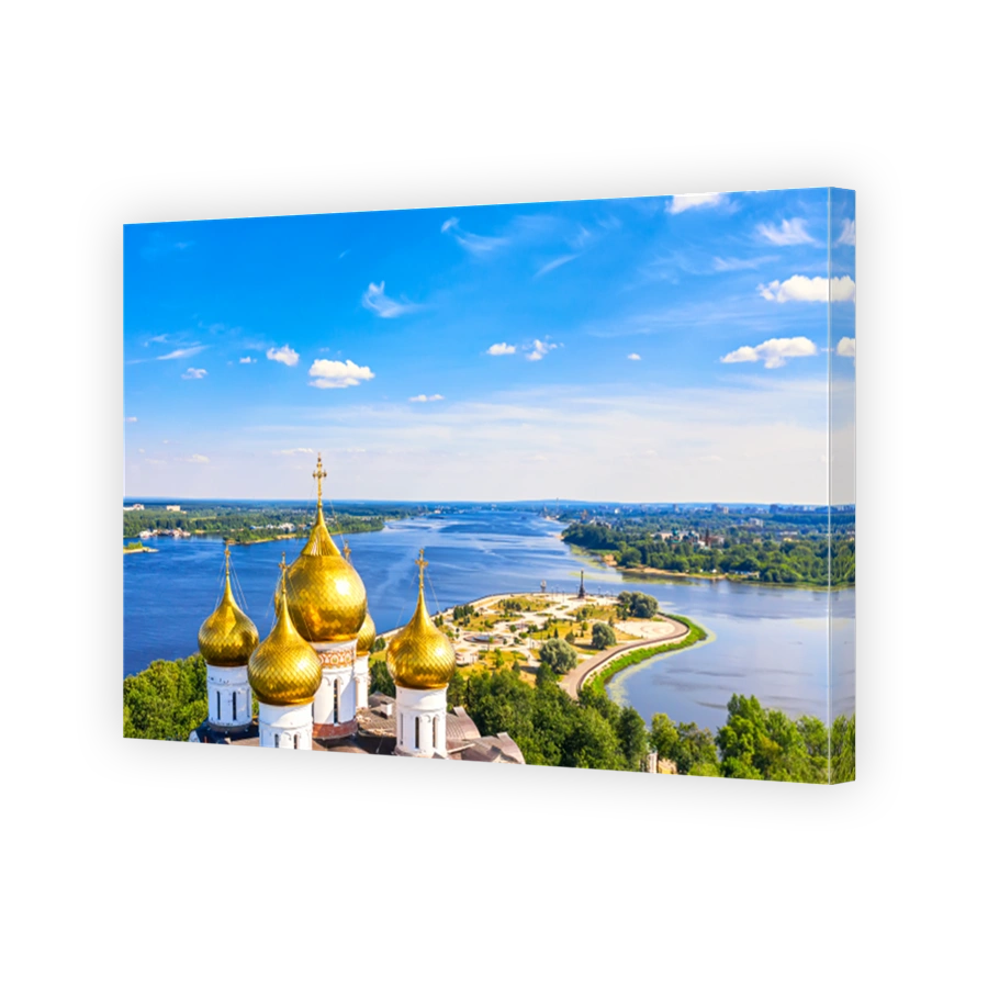 Aerial drone view of Strelka park and Assumption Cathedral in summer. Yaroslavl city, touristic Golden Ring in Russia.