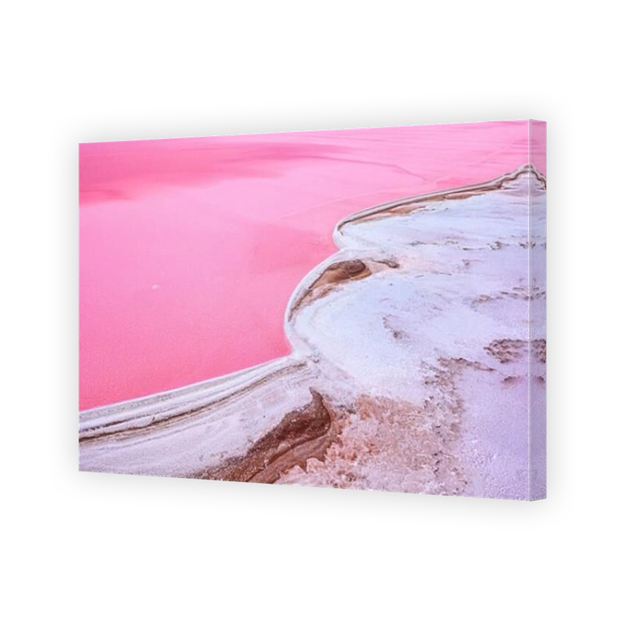 White salt on the shores of the island in Pink Island. Lake Lemuria, Ukraine.