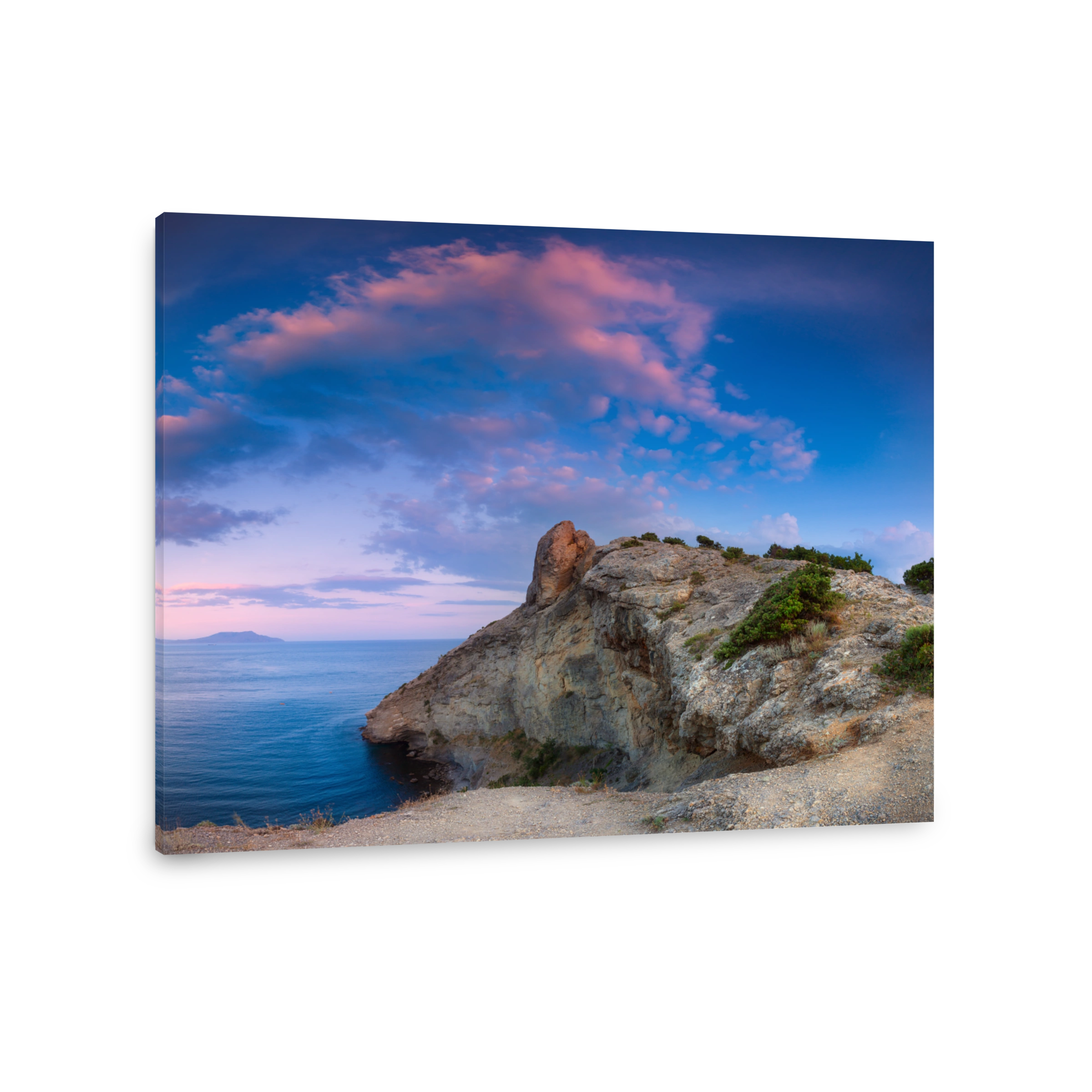 Beautiful panoramic landscape with mountains, sea at sunset