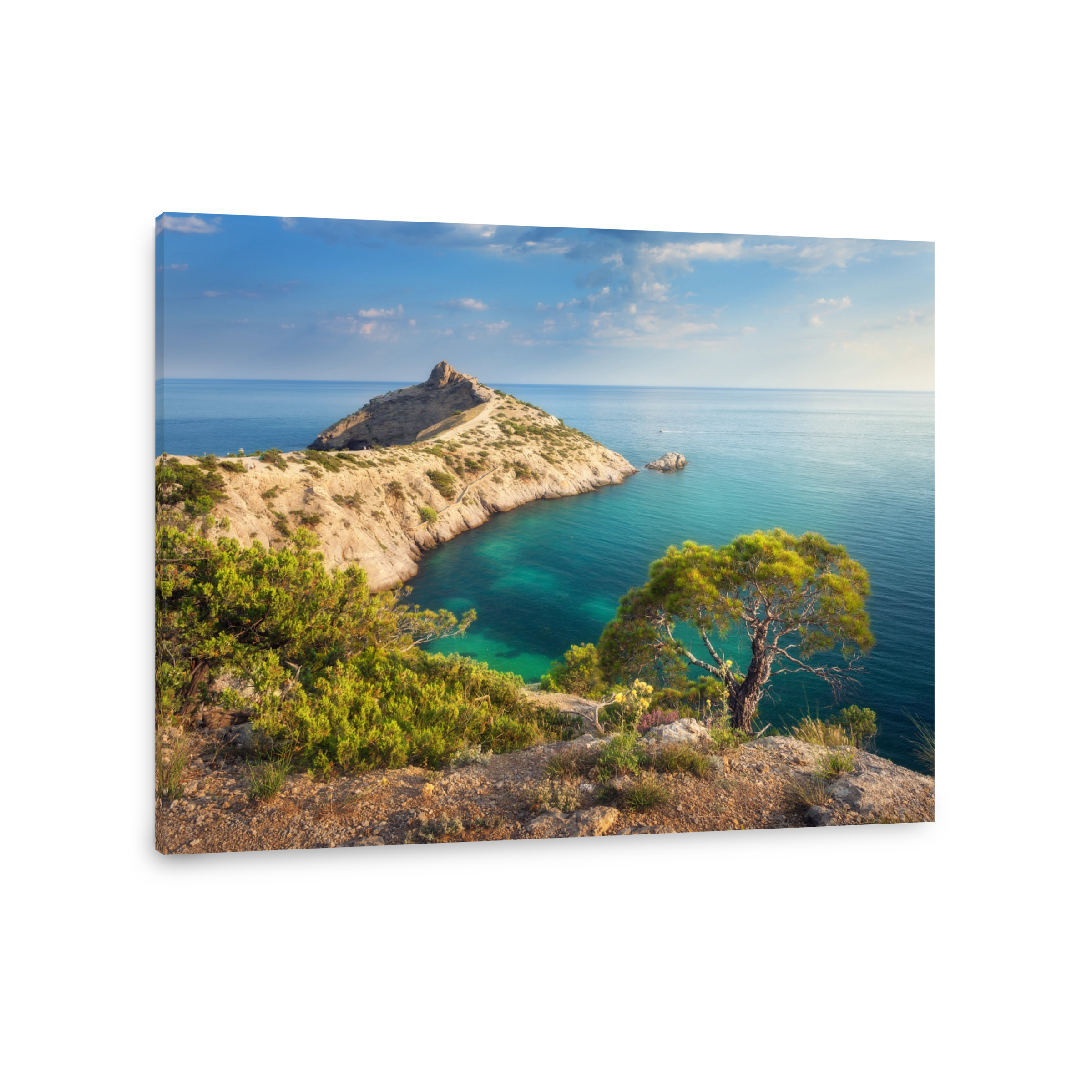Amazing view on the green tree, mountains, sea with turquoise water and colorful blue sky at sunrise. Summer landscape in mountains on seashore. Travel in Europe. Nature background. Seascape