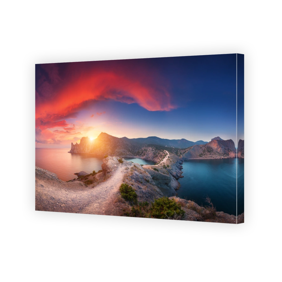 Panoramic landscape with mountains, sea and beautiful sky in summer