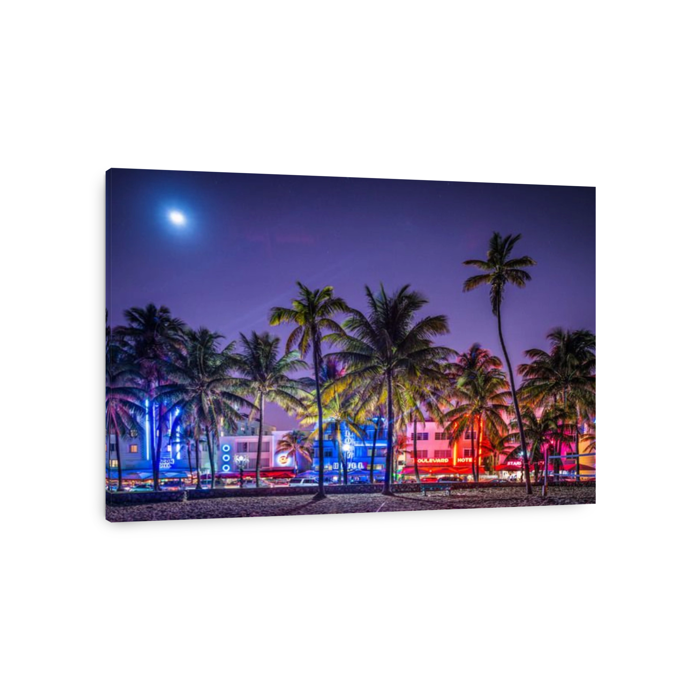 Palm trees line Ocean Drive. The raod is the main thoroughfare through South Beach.