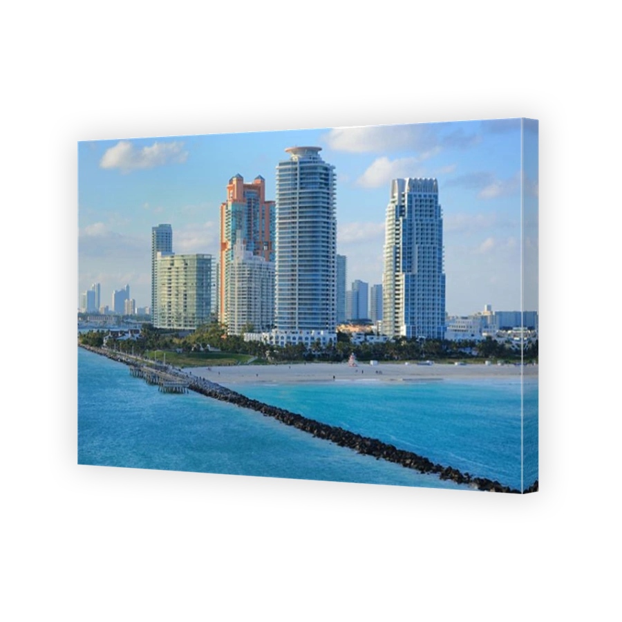 Skyline of luxury high rise apartments on South Beach in Miami, Florida.