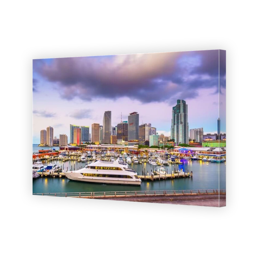 Miami, Florida, USA port and downtown skyline at dusk.