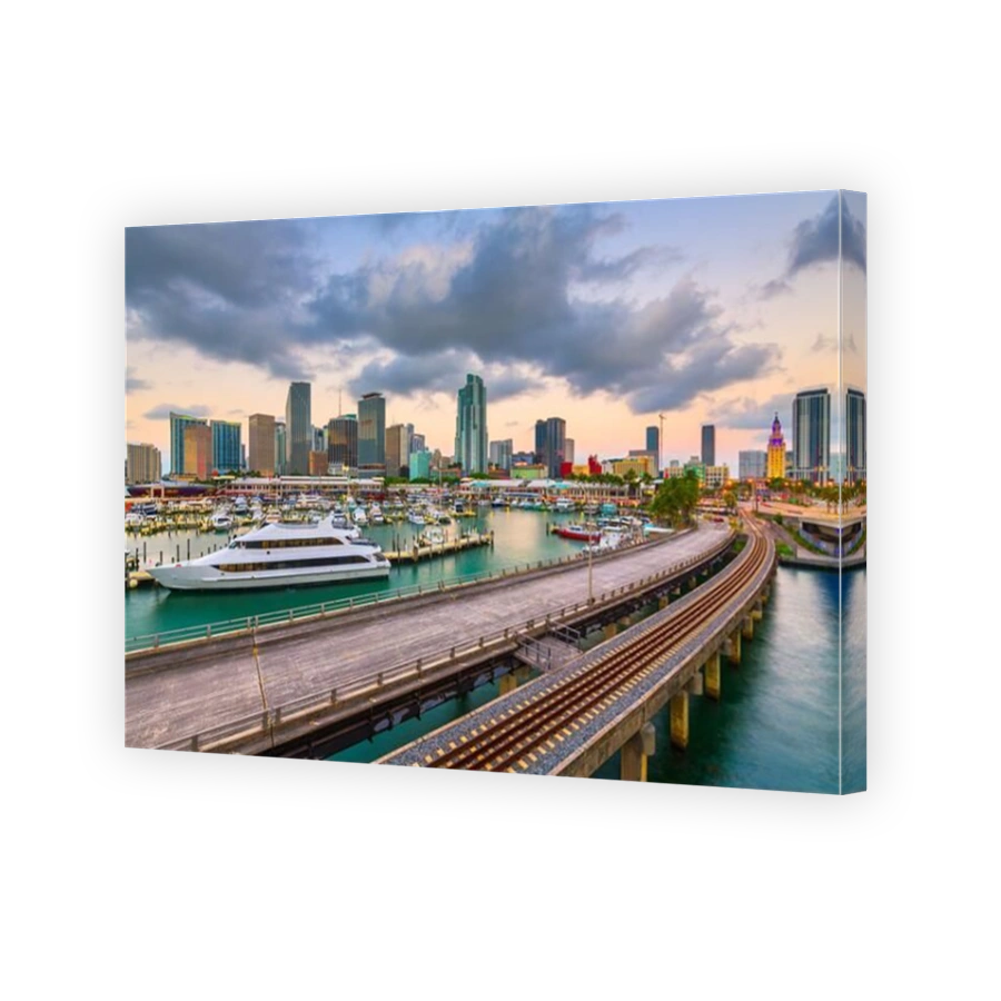Miami, Florida, USA port and downtown skyline at dusk.