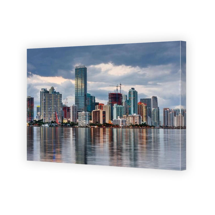 Miami, Florida, USA downtown skyline from across the Biscayne Bay at twilight.