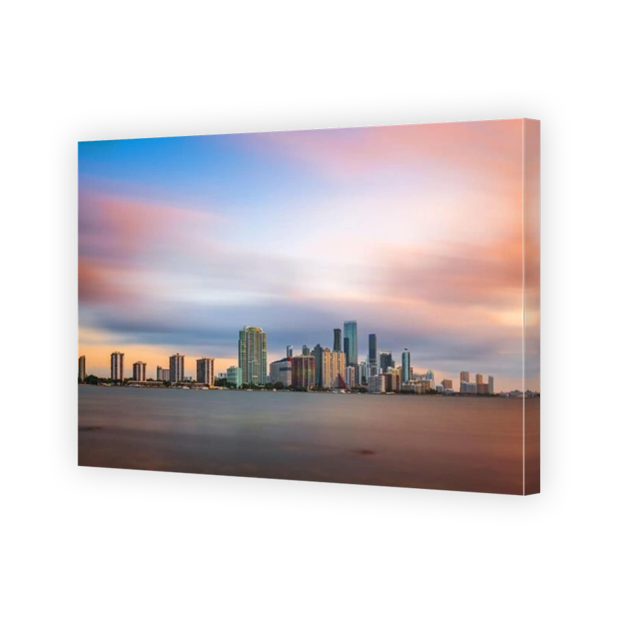 Miami, Florida, USA downtown city skyline on Biscayne Bay at twilight.