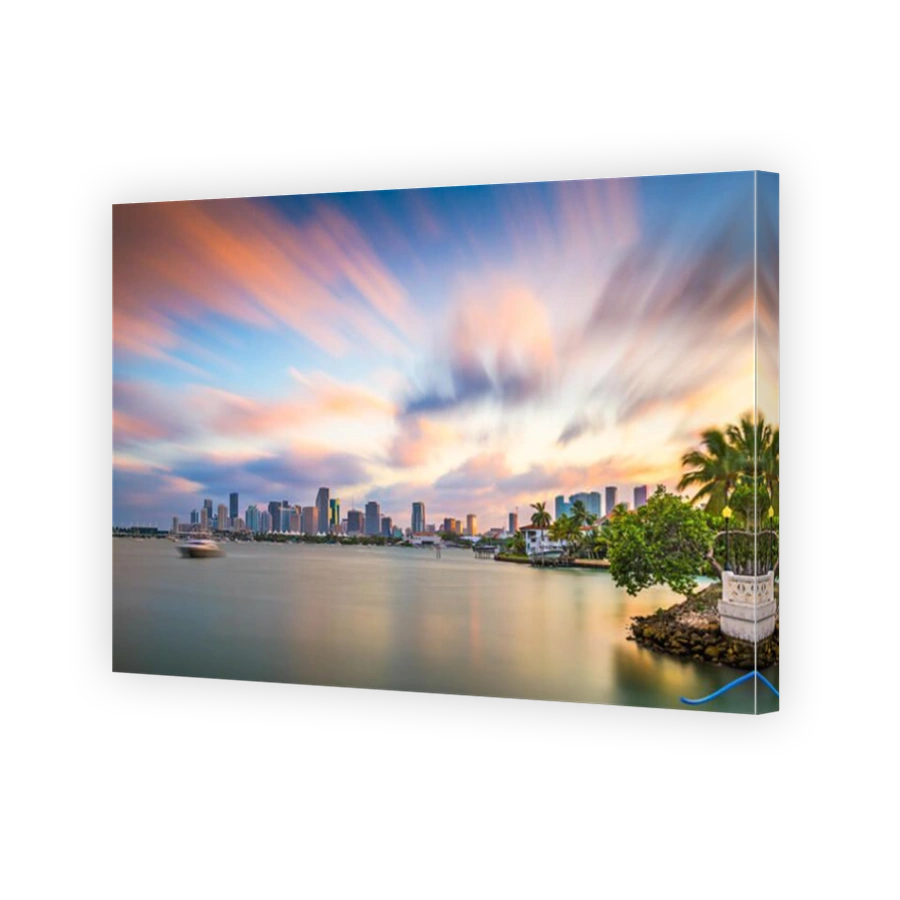 Miami, Florida, USA downtown skyline on Biscayne Bay in early evening.