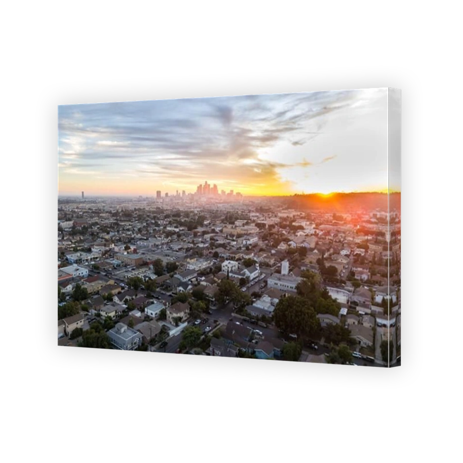 Los Angeles skyline aerial view photo drone downtown at sunset in California United States