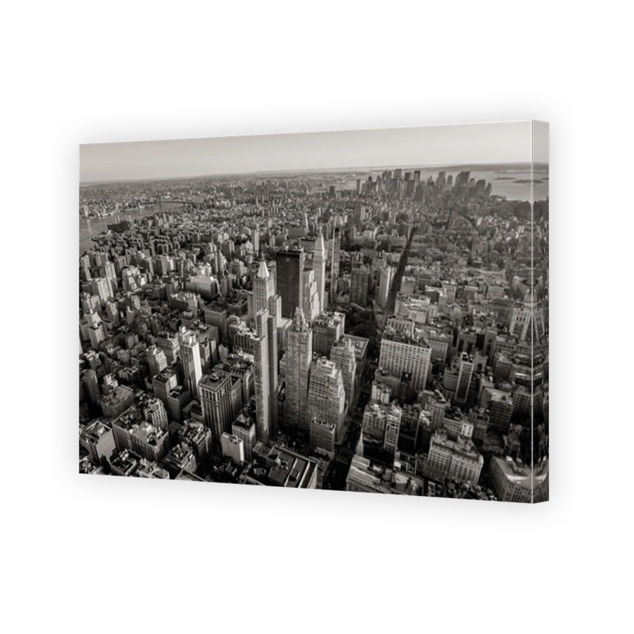 Black and white aerial view of New York City skyscrapers with Midtown, Chelsea, East Village and Lower Manhattan. NYC