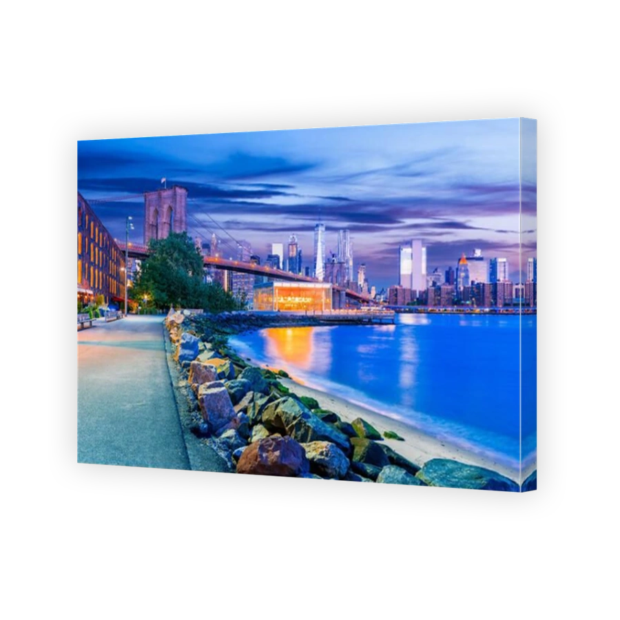 New York, United States. Manhattan and Brooklyn Bridge dusk view from the Brooklyn Bridge Park in New York City, USA.