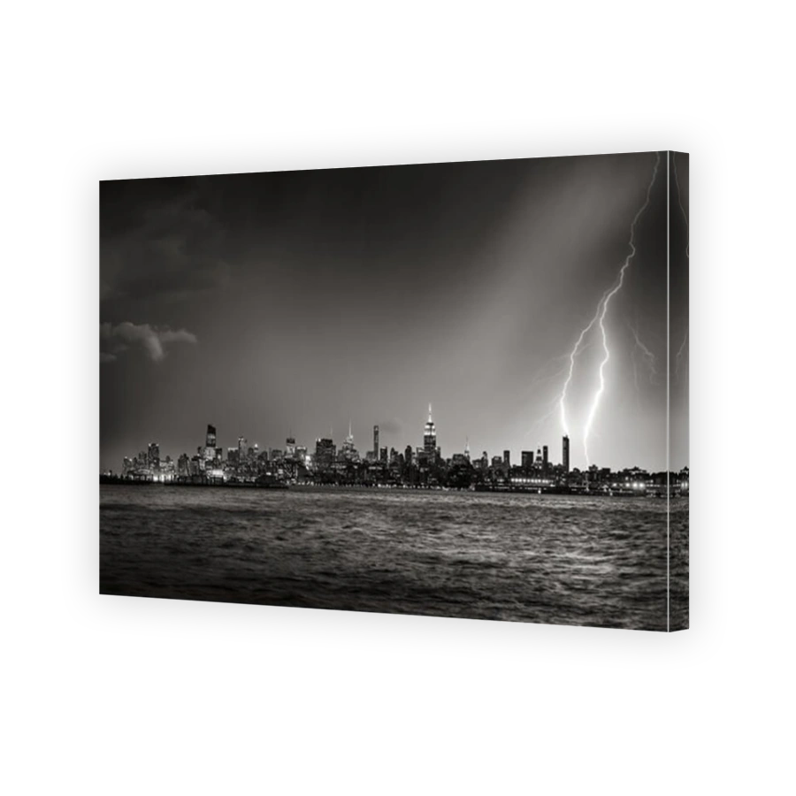 Lightning striking  New York City skyscraper at twilight (Black & White)