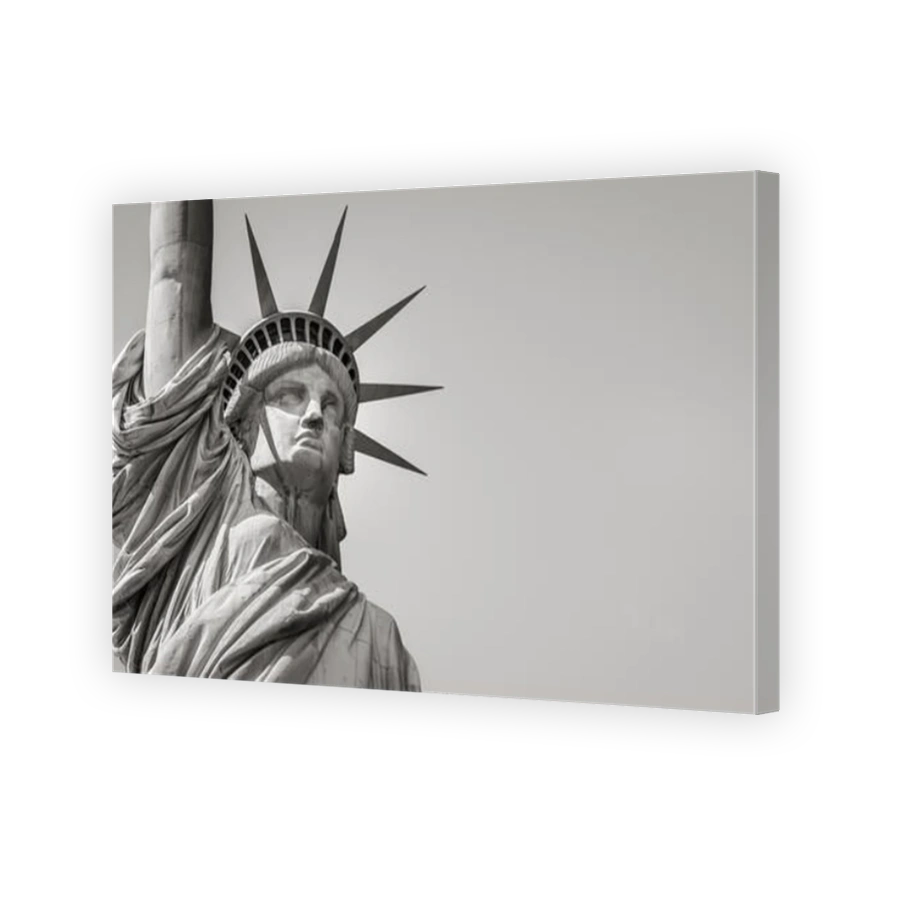 Panoramic close-up of the Statue of Liberty in Black & White including head, crown and arm. Liberty Island, New York City