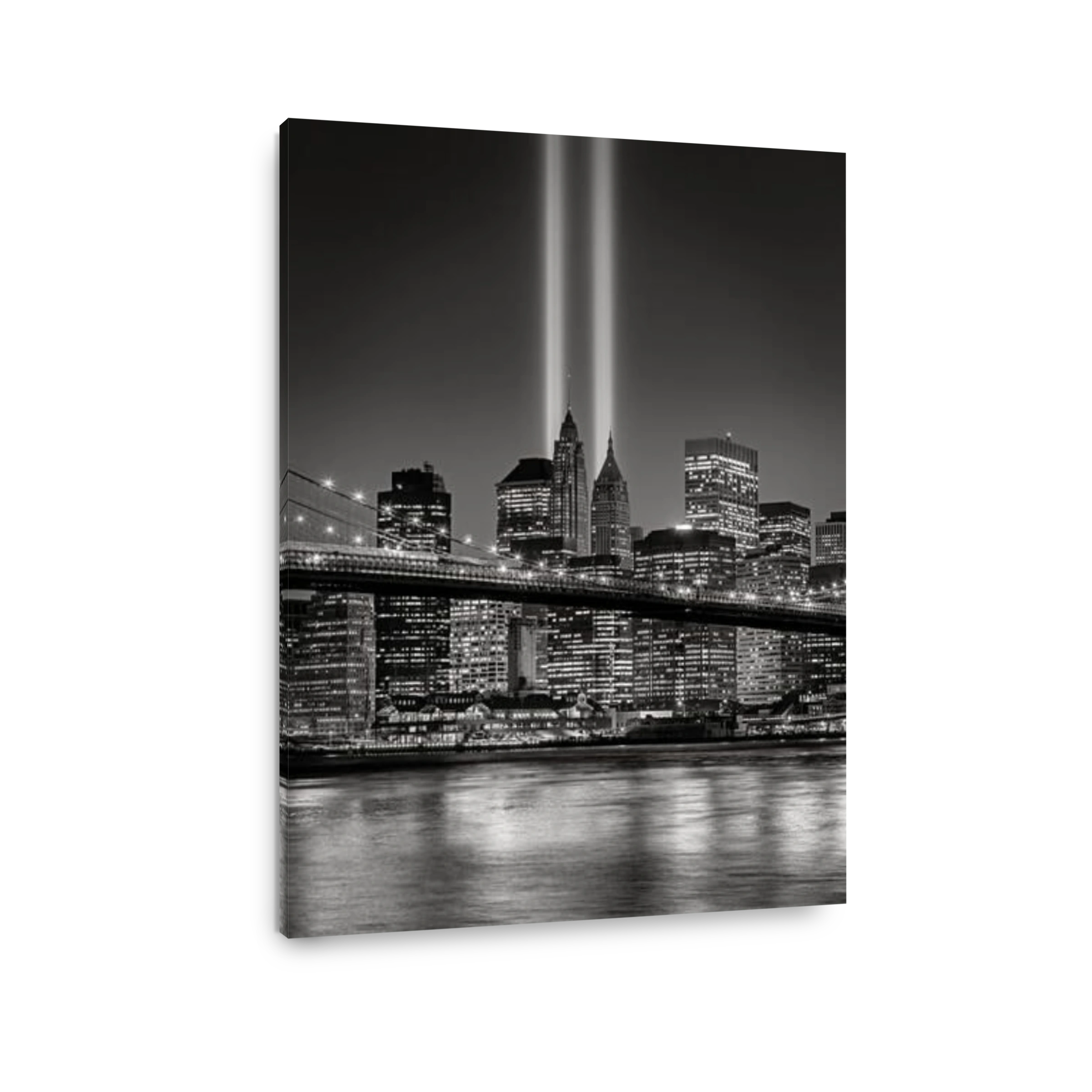 The Tribute in Light, in Lower Manhattan with illuminated skyscrapers of the Financial District, New York City,