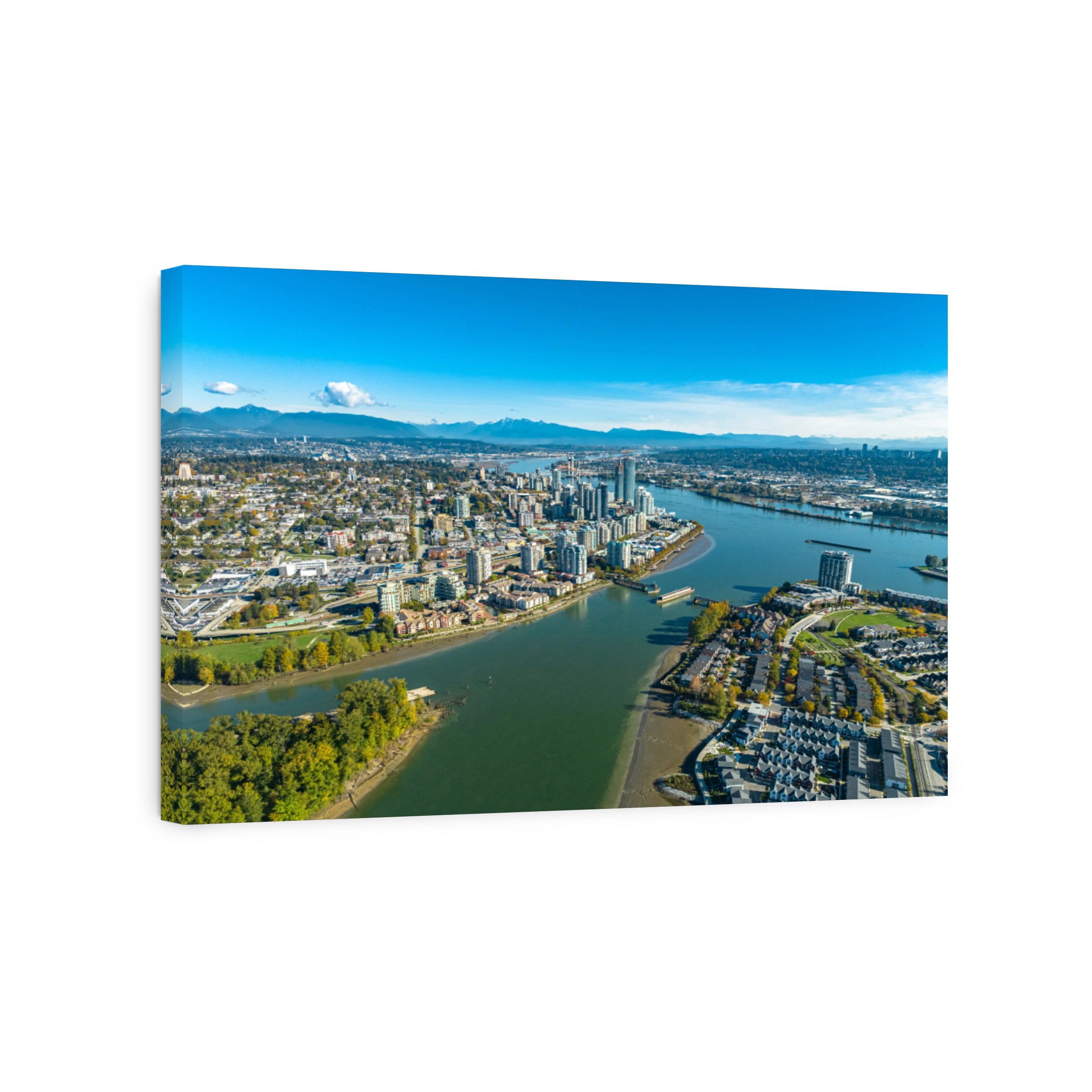 Aerial view of New Westminster skyline along Fraser River