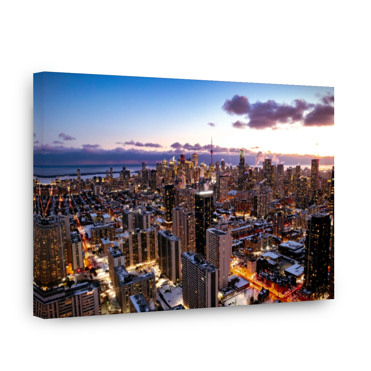 Aerial view of a vibrant cityscape of Toronto including CN Tower, with tall buildings and lights