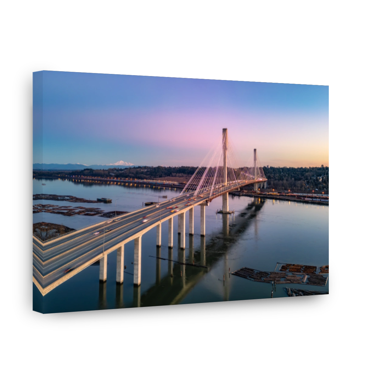 Port Mann Bridge across Fraser River. Sunset Sky.