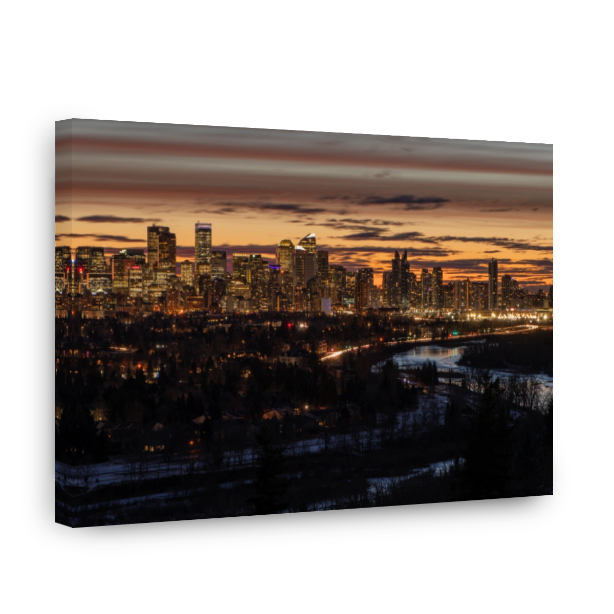 Aerial view of the cityscape of Calgary in Canada at sunrise