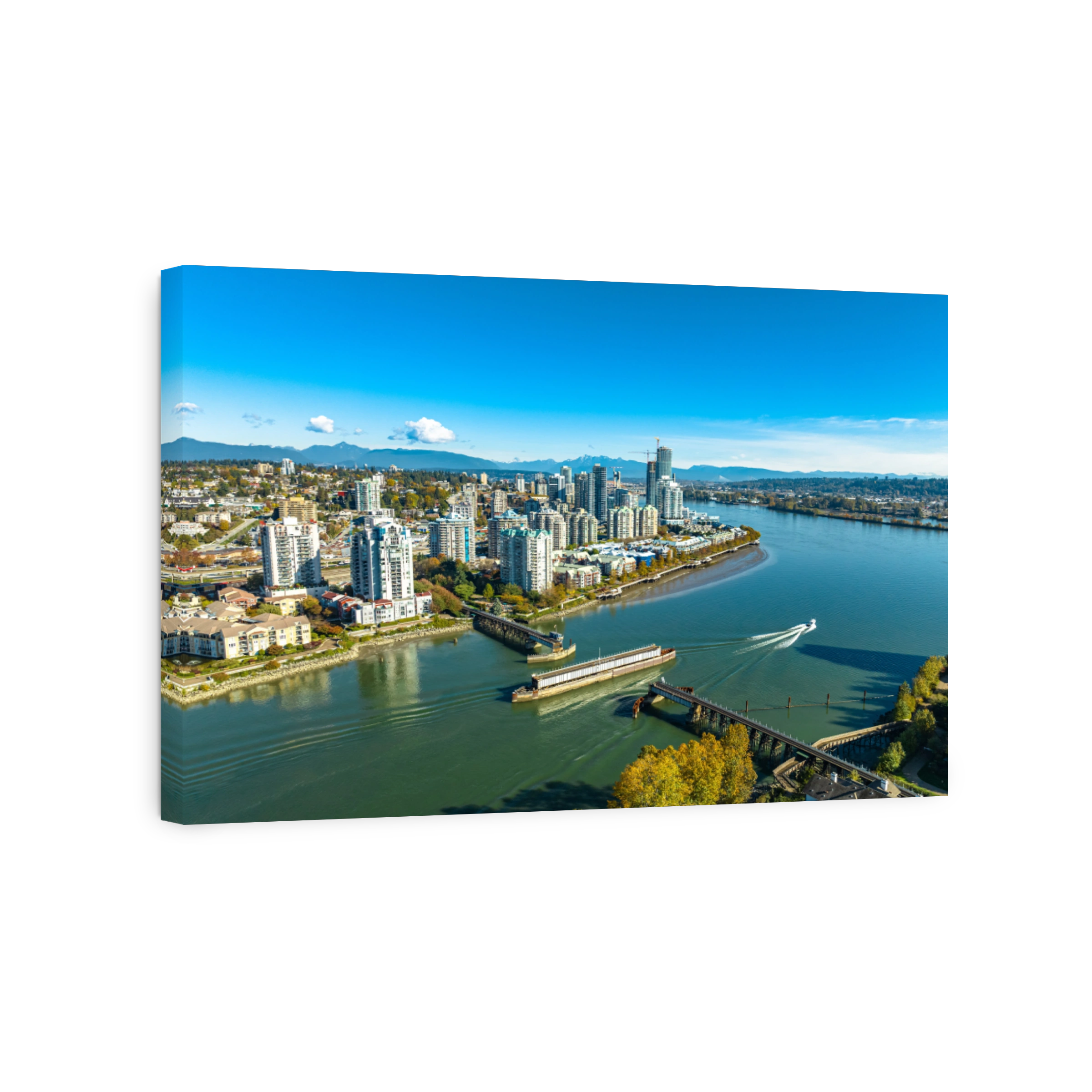 Aerial view of New Westminster with Fraser River