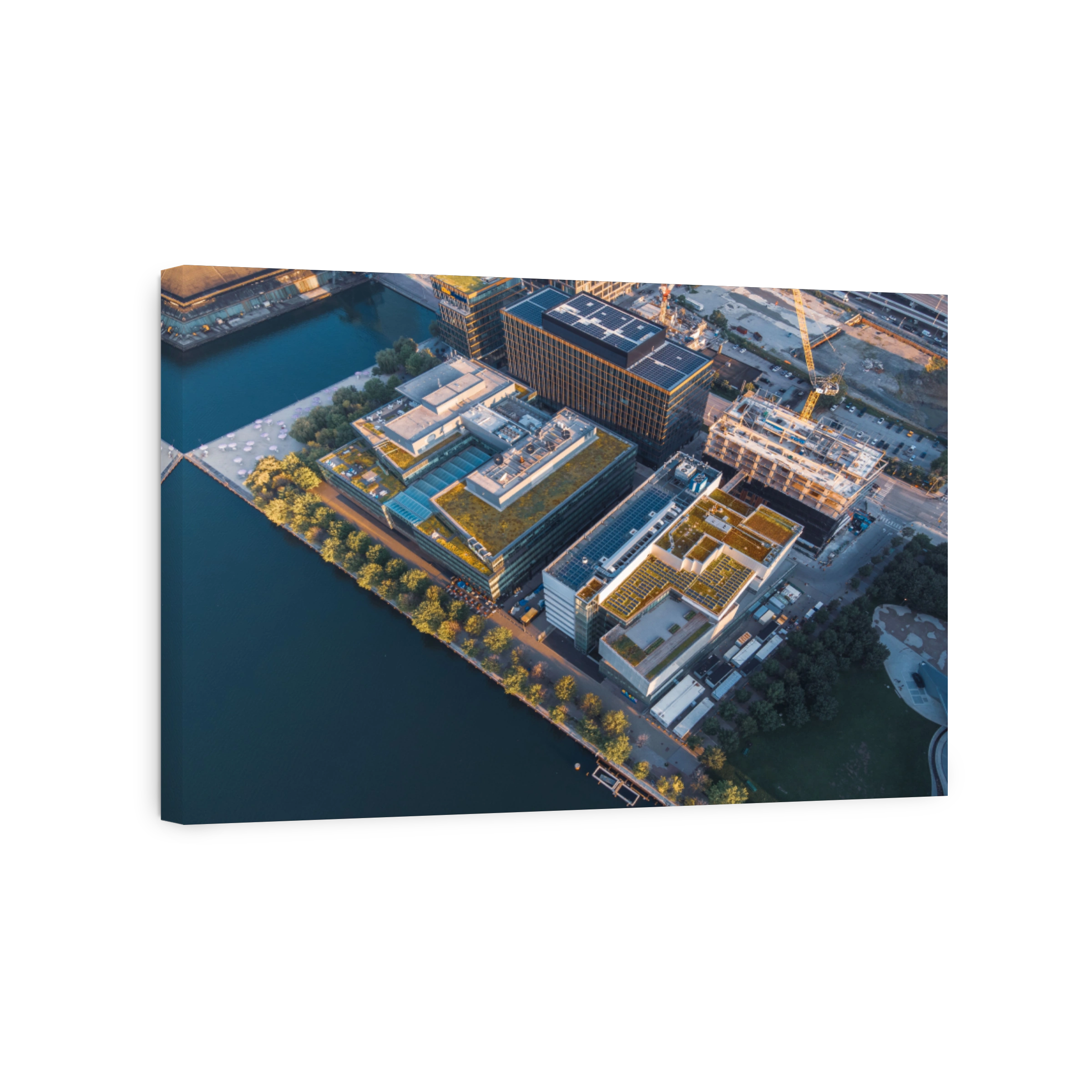 Aerial view of urban architecture with green rooftops.