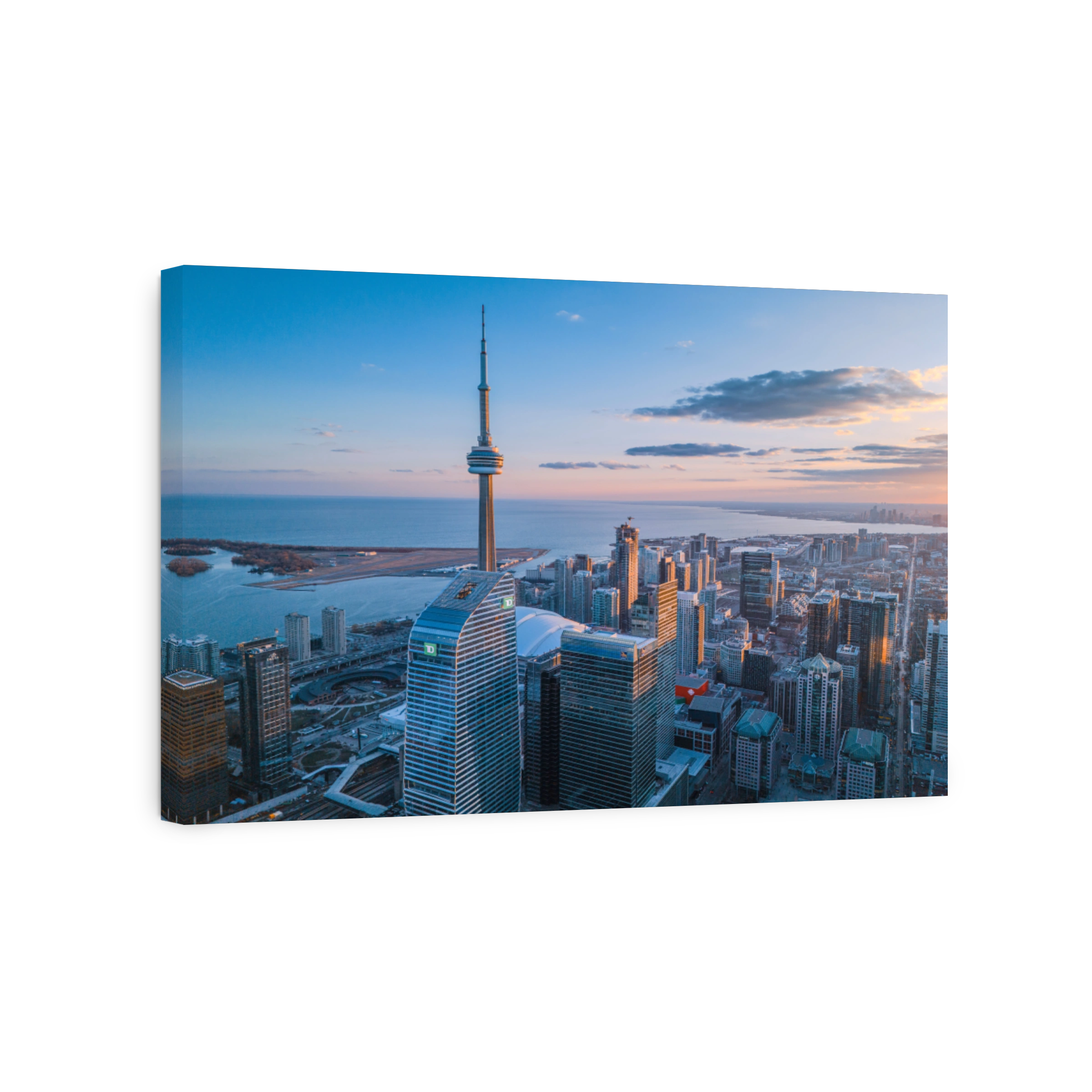 Aerial view of Toronto skyline at sunset.