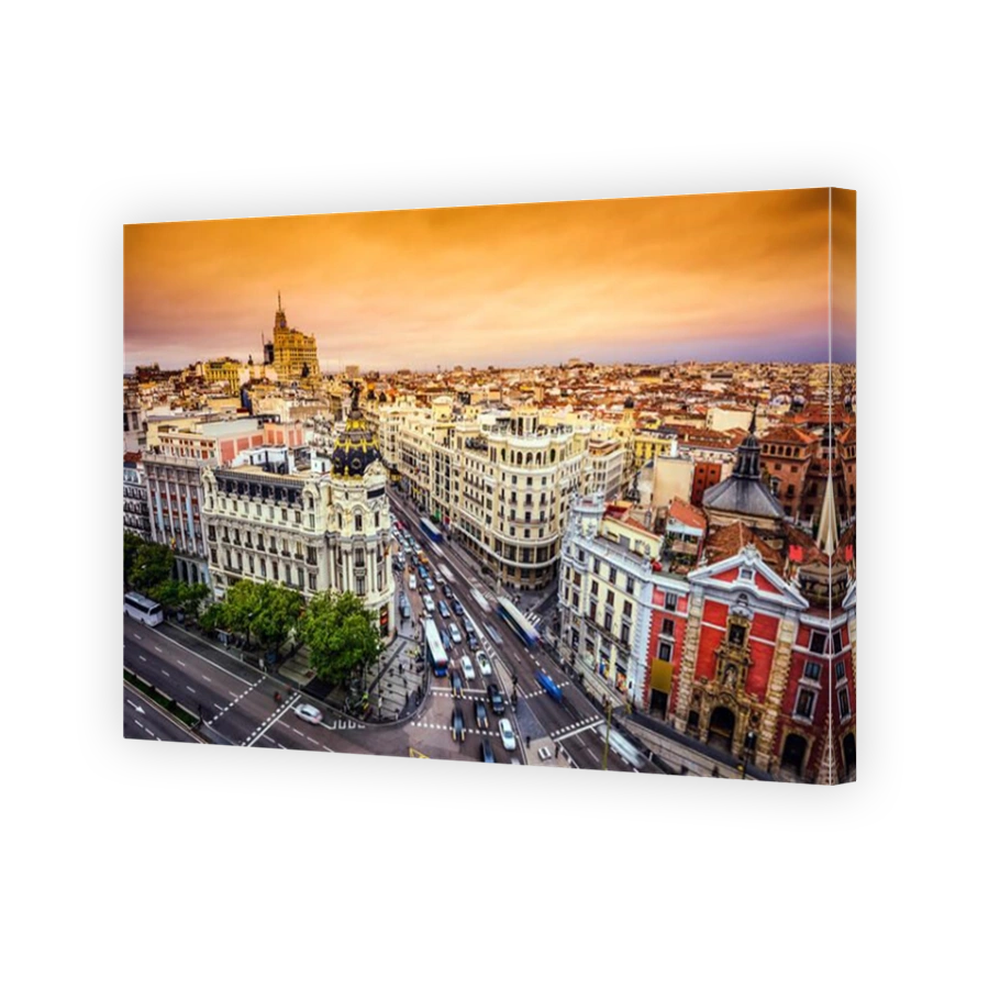 Madrid, Spain cityscape above Gran Via shopping street.