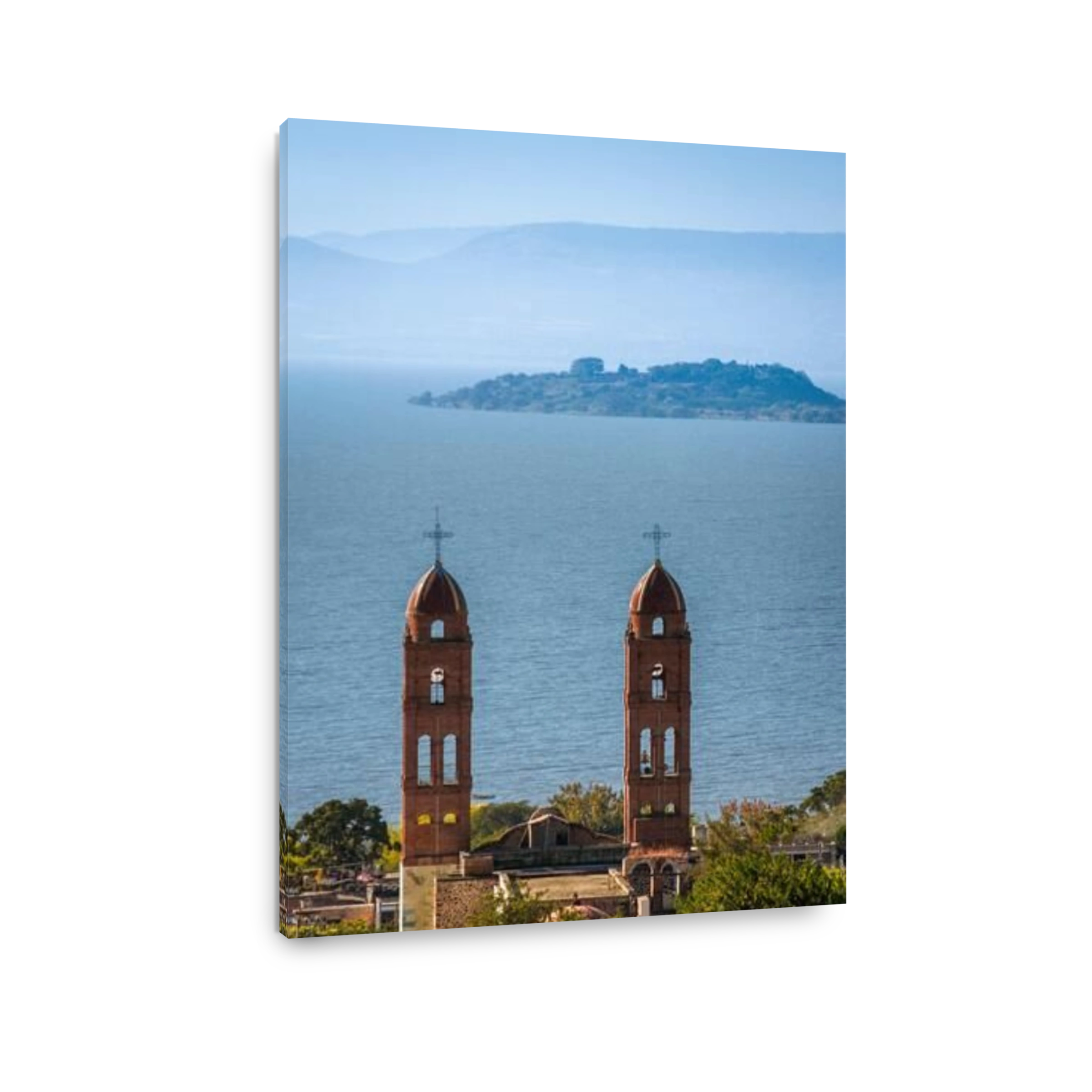 Twin towers of the church at Mezcala de la Asuncion on the northern shore of Lake Chapala, Jalisco, Mexico.
