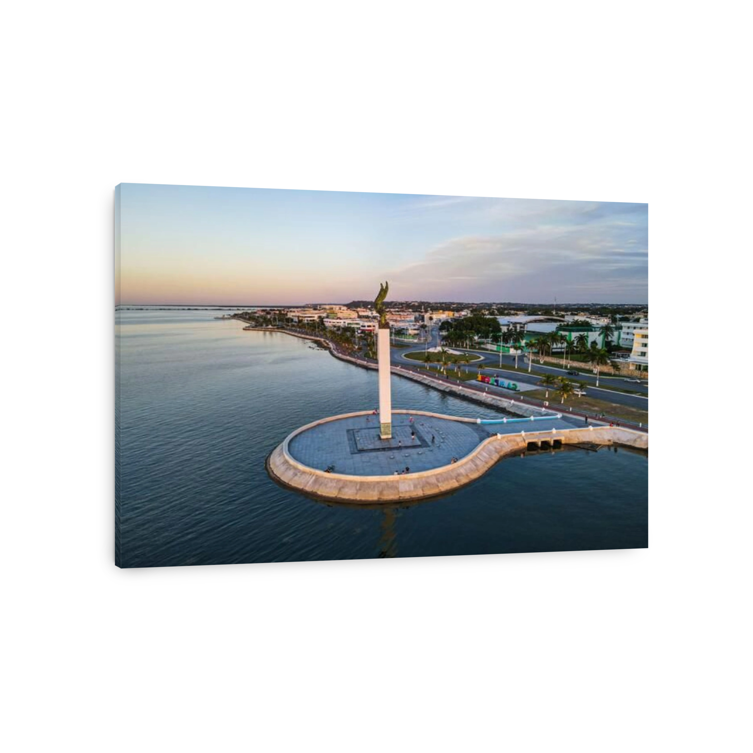 Aerial of the Angel Maya statue, Malecon, the historic fortified town of Campeche, UNESCO World Heritage Site, Campeche, Mexico, North America